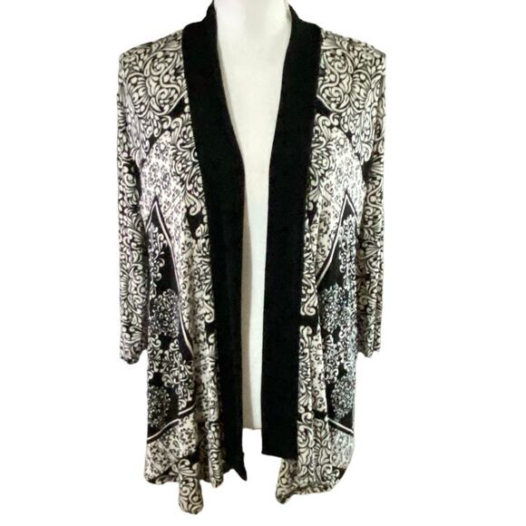Chicos Travelers Size 0 US S Open Front Jacket Cardigan Slinky Black Cream Print - Picture 1 of 4